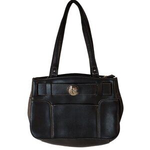 Black Faux Pebbled Leather Handheld Handbag w/ Interior and Exterior Pockets.